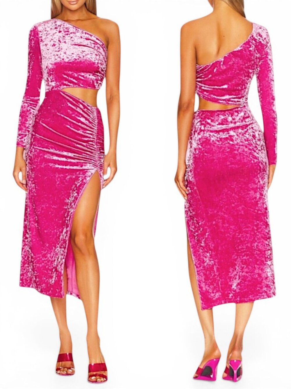 Saylor Niamh Pink Stretch Velvet Asymmetrical Side Cut Out Midi Dress NWT New XS